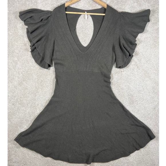 Free People Dress L Gray V Neck Ruffle Sleeves Knit Mini Casual Cottage Peasant - Picture 1 of 13